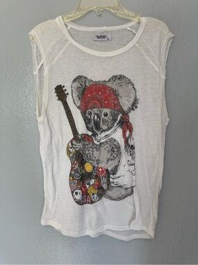 Lauren Moshi Beverly Hill White Tank Top XS Rock & Roll Guitar Koala Bear